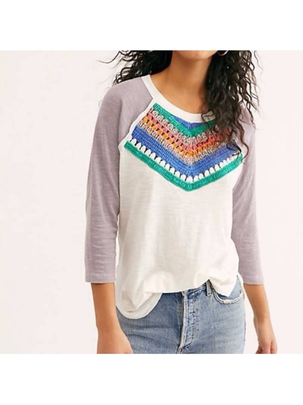 Free People Spring Bound Crochet Paneled Shirt In Mineral Bath Combo Size XS